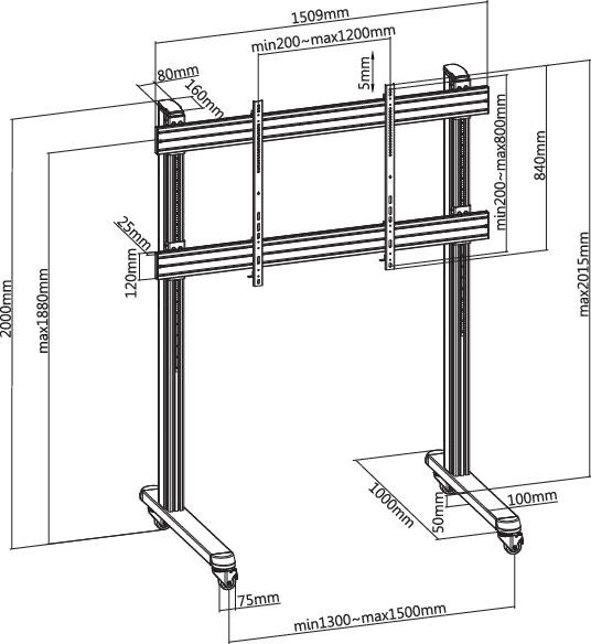 SpeaKa Professional SP-DS-200 TV-Rollwagen Mit Diebstahlschutz 177,8cm (70") - 304,8cm (120") Bodenständer