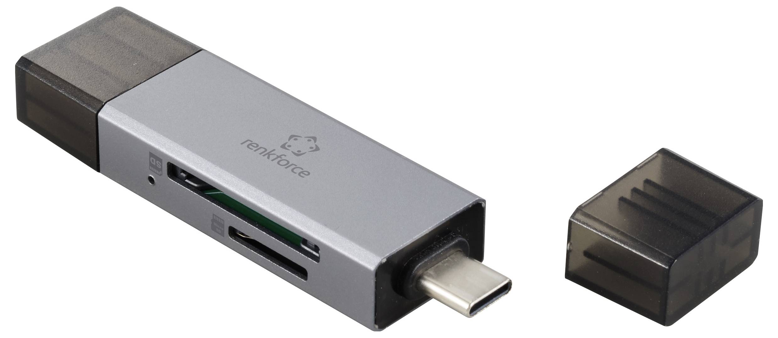Ein silberner USB-C-Kartenleser mit schwarzer Kappe, geeignet für SD- und microSD-Karten, liegt auf weißem Hintergrund.