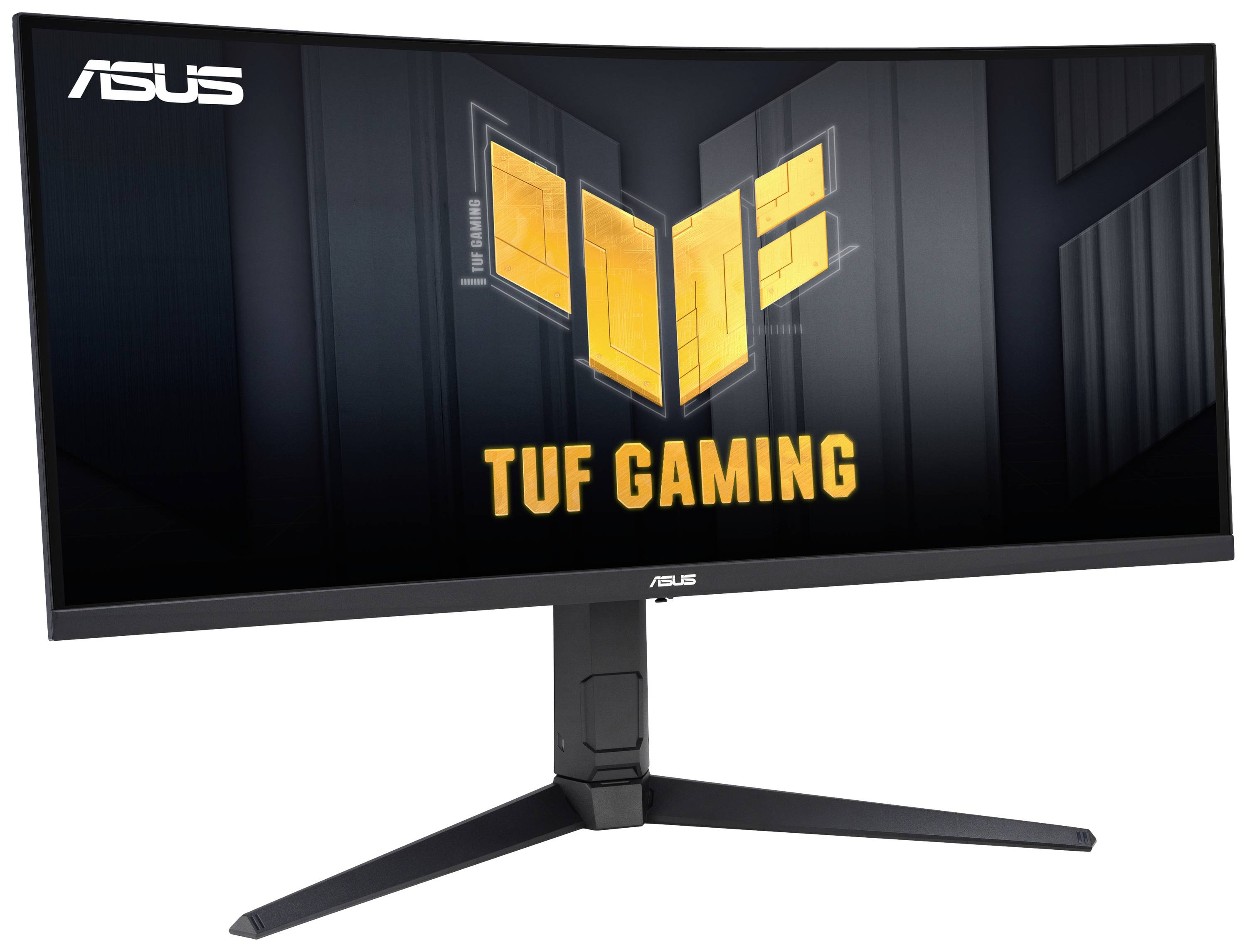 Gebogener Monitor 'ASUS TUF Gaming' mit großem Logo auf dem Bildschirm. Modernes Design, drei Standfüße, geeignet für Gaming.