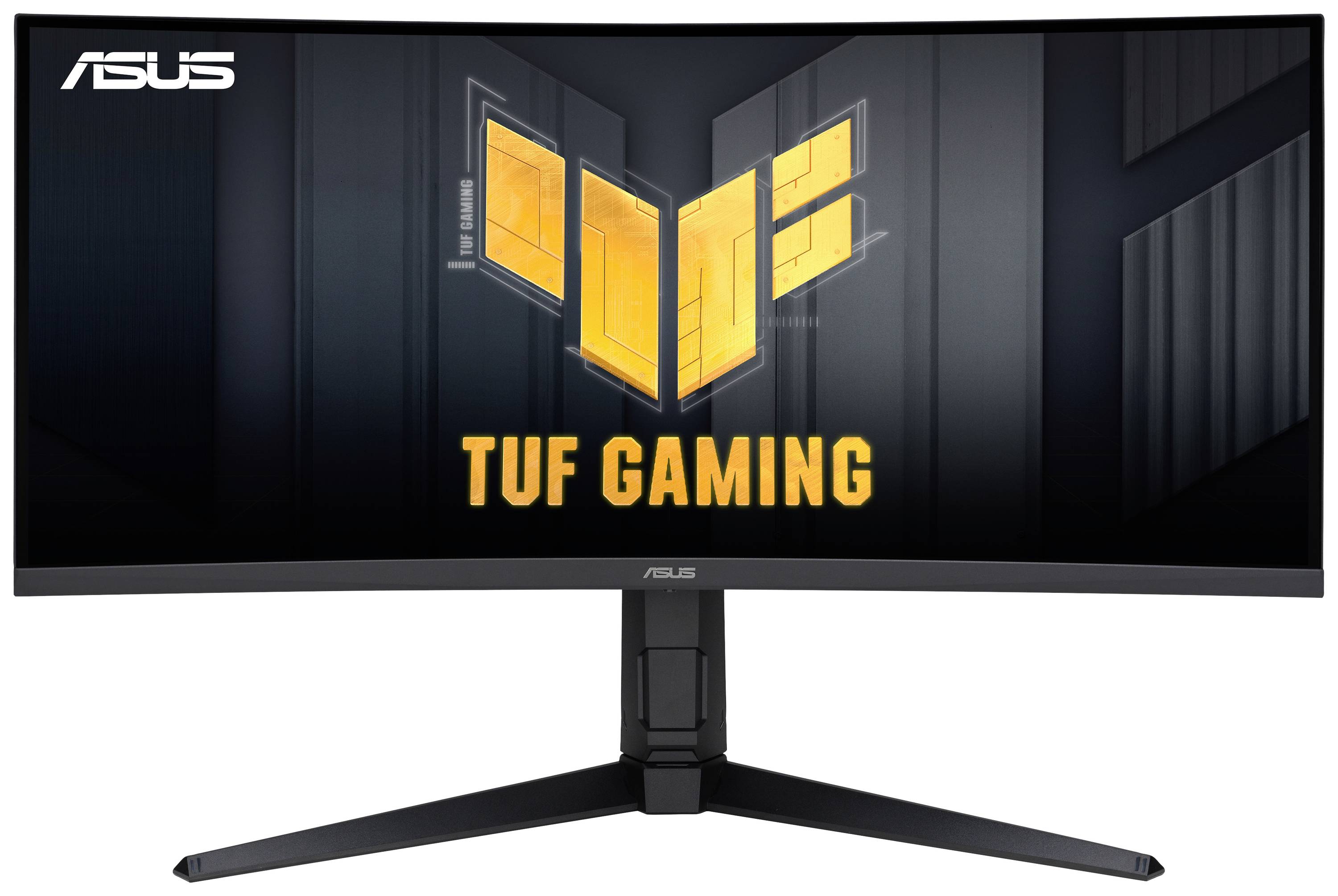 Breiter Curved-Monitor von ASUS, Modell 'TUF Gaming'. Schwarzes Design, gelbes Logo in der Mitte. Steht auf einem stabilen Ständer.