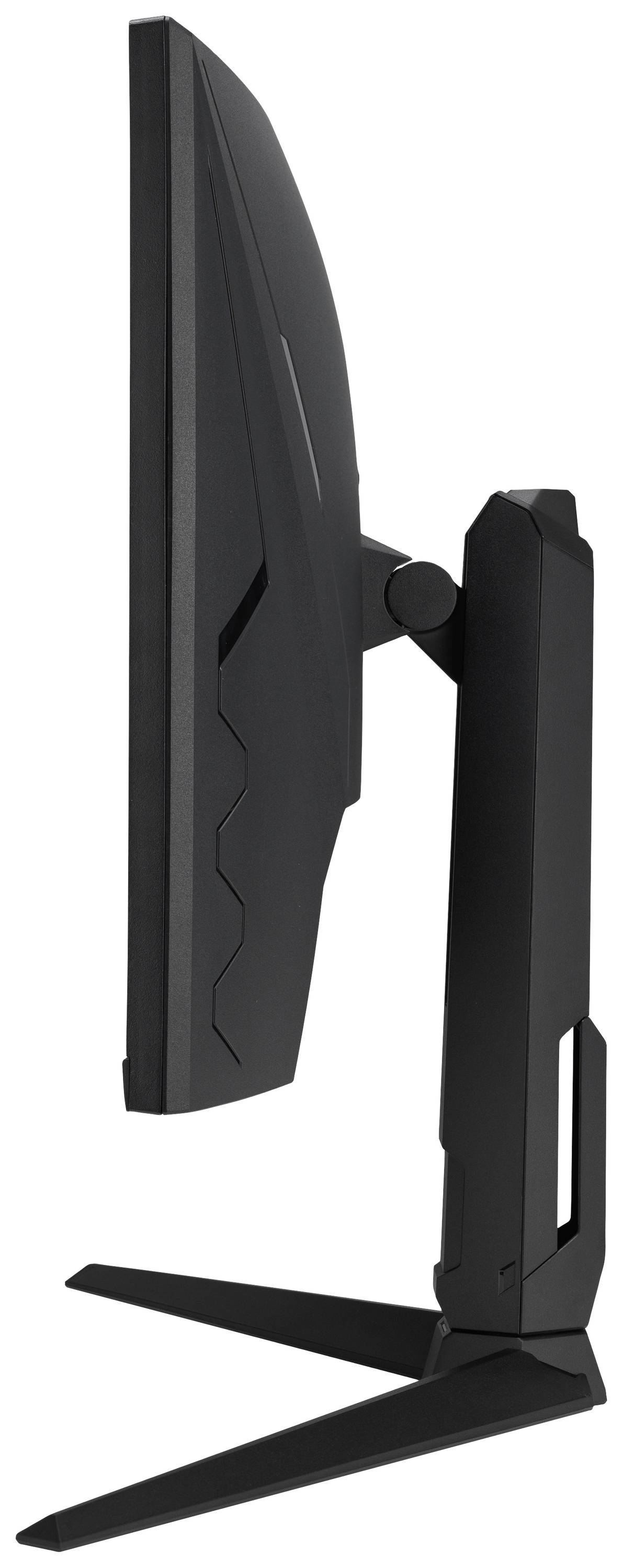 Seitliche Ansicht eines flachen, schwarzen Computerbildschirms auf einem stabilen Standfuß.