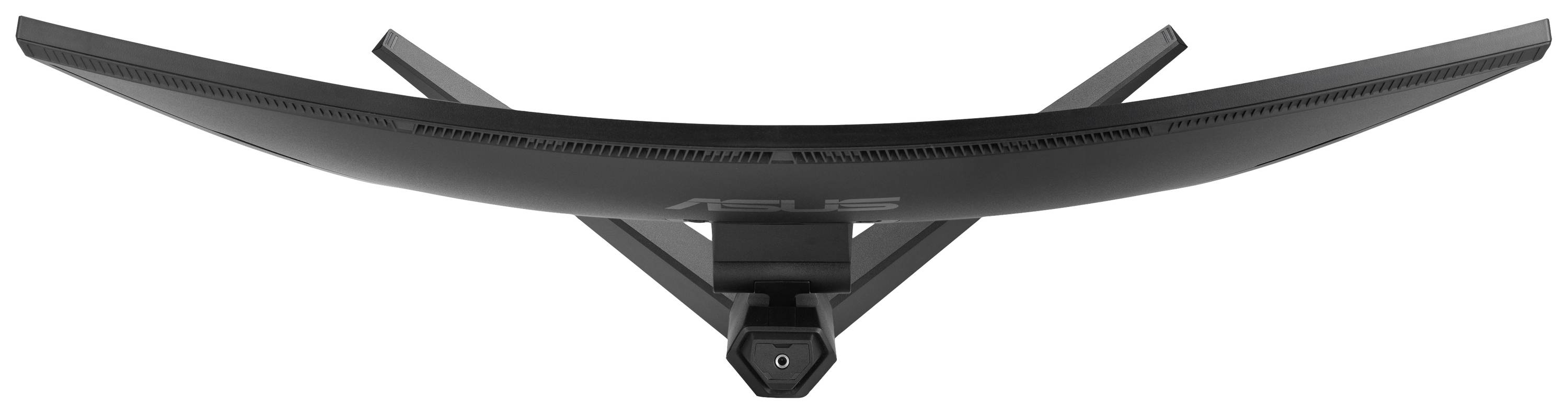 Ein gebogener schwarzer Computerbildschirm aus der Vogelperspektive, montiert auf einem stabilen Standfuß.