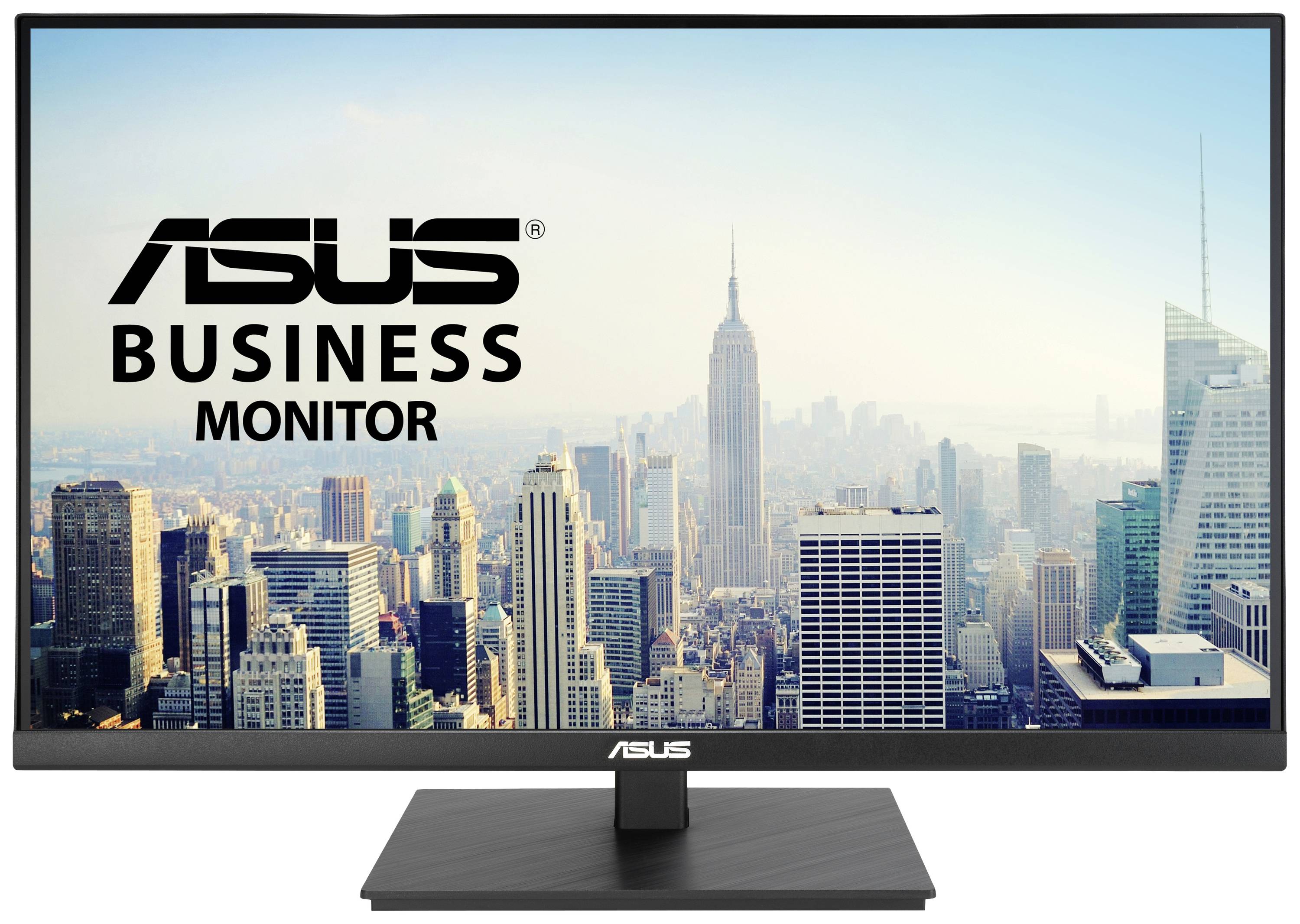 Ein ASUS Business Monitor zeigt eine Stadtansicht mit Hochhäusern und klarer Skyline im Hintergrund.