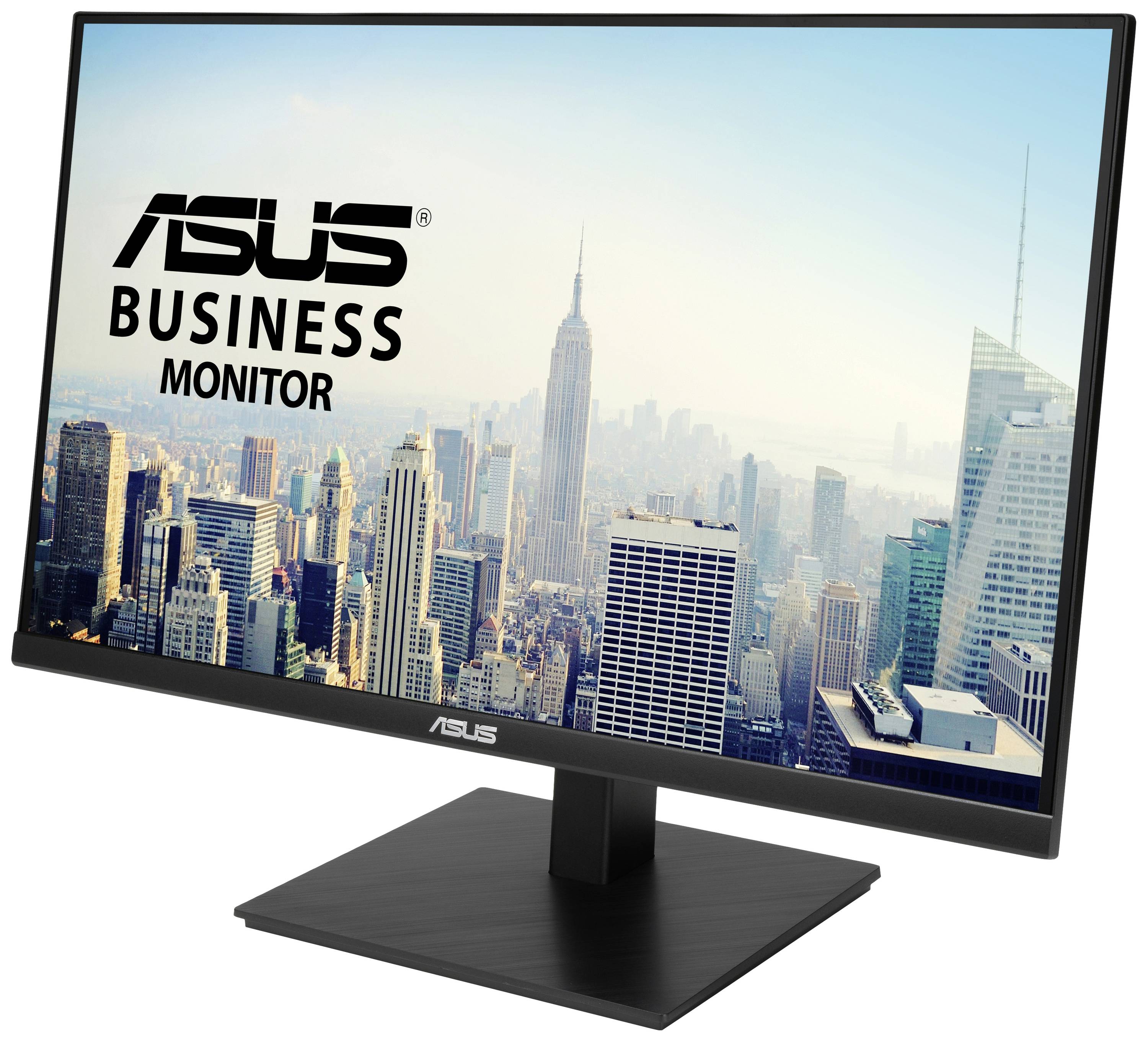 Ein Monitor mit Stadtpanorama im Hintergrund und dem Text 'ASUS Business Monitor' auf dem Bildschirm. Perfekt für Büroeinsätze.