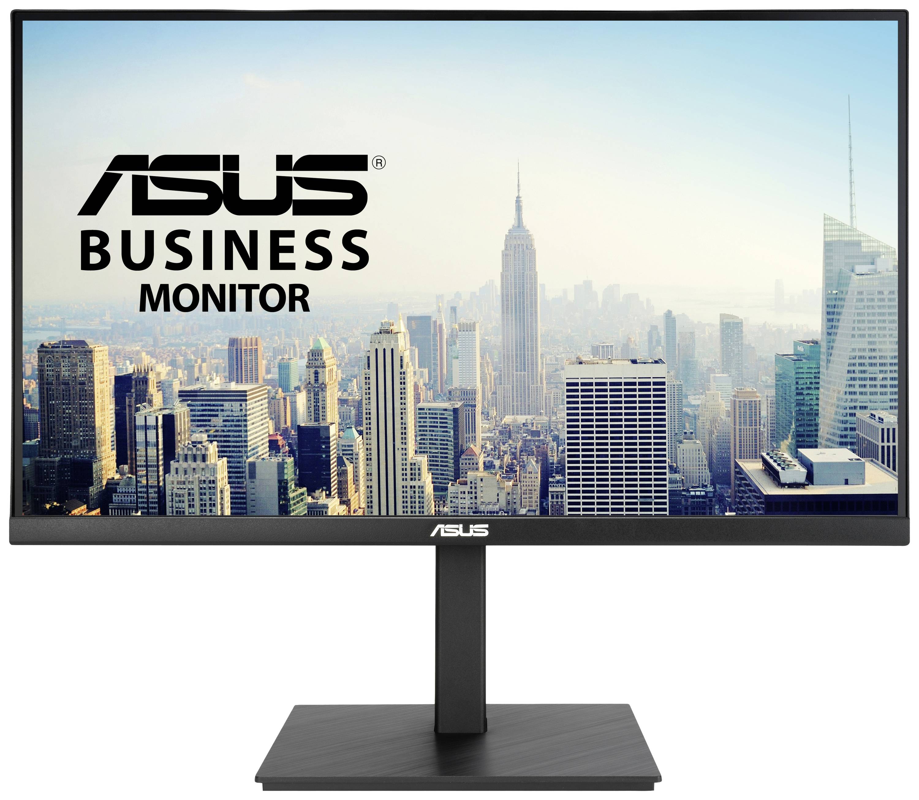 Monitor von ASUS mit Stadtbild im Hintergrund, beworben als 'Business Monitor', zeigt Skyline mit Wolkenkratzern unter blauem Himmel.