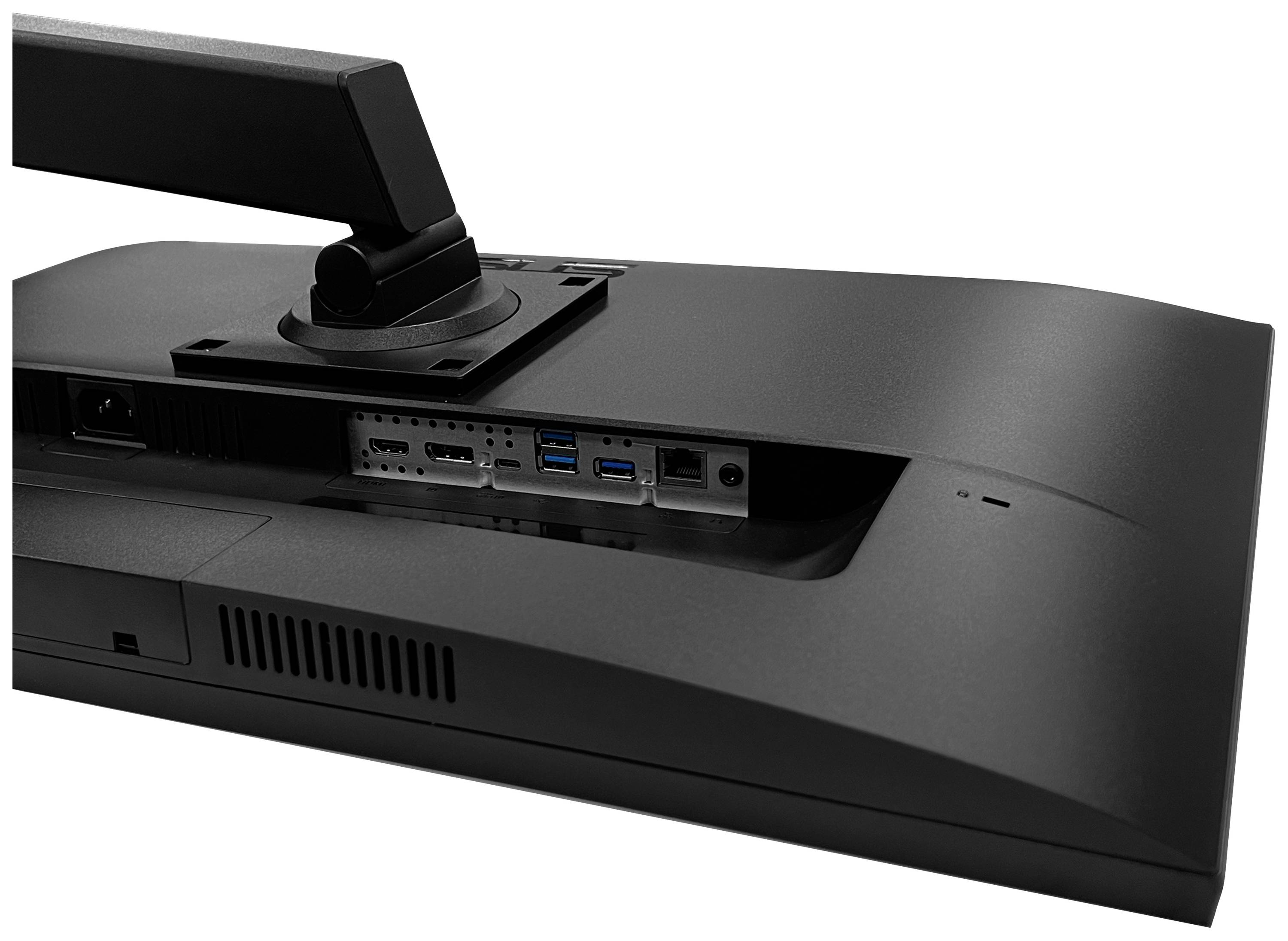 Rückseite eines Computermonitors mit sichtbaren Anschlüssen einschließlich HDMI, USB und Ethernet, sowie Standfuß.