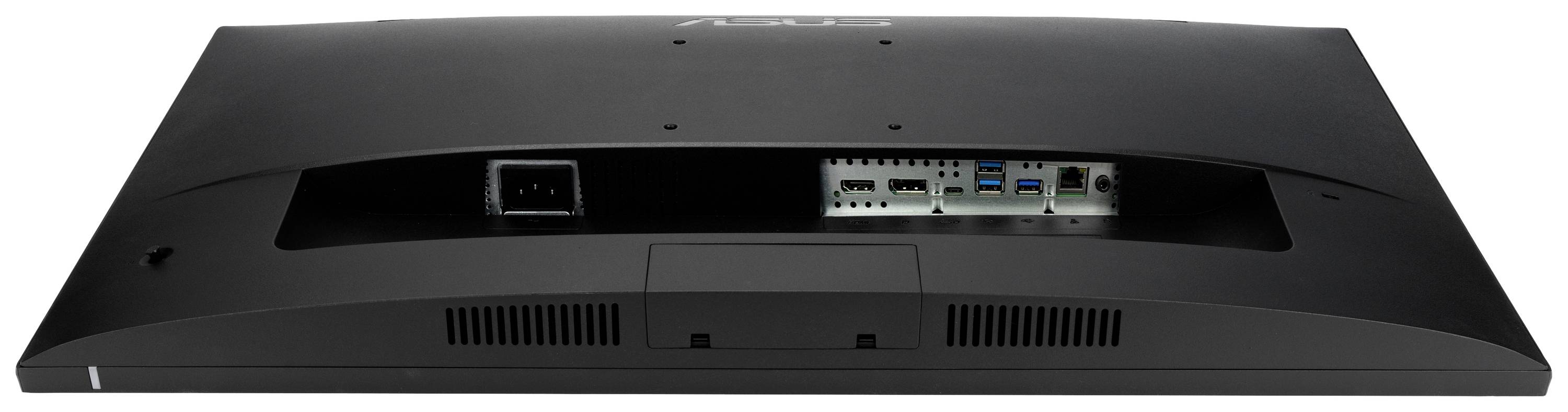 Rückseite eines Monitors mit mehreren Anschlussmöglichkeiten: Stromanschluss, HDMI- und USB-Anschlüsse sind sichtbar.