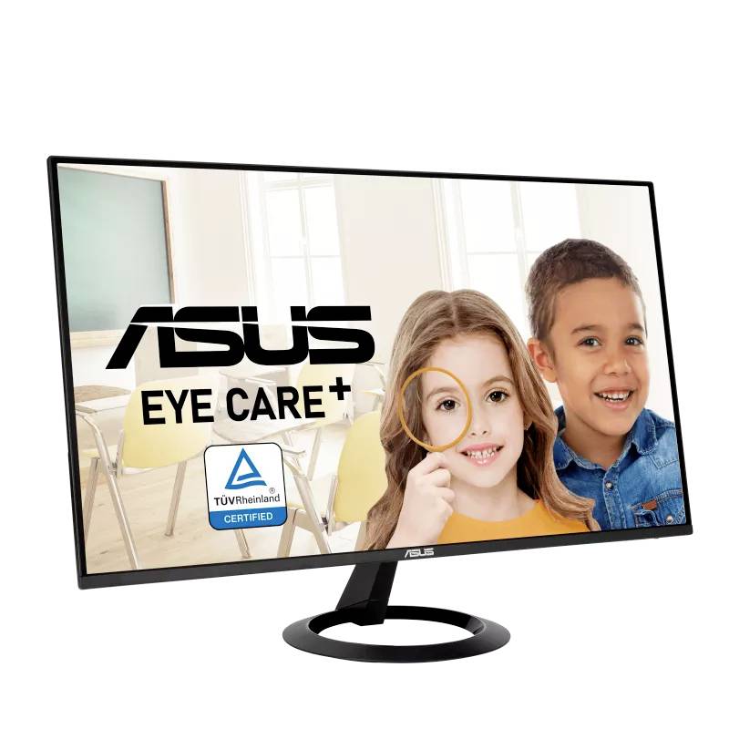 Ein Monitor mit dem Logo 'ASUS Eye Care+' zeigt zwei lächelnde Kinder. Im Hintergrund ein Klassenzimmer. TÜV Rheinland-Zertifizierungssymbol sichtbar.