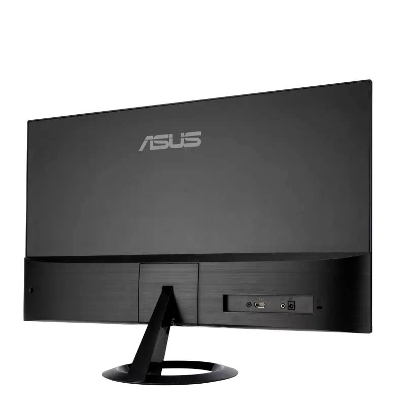 Ein ASUS-Monitor von hinten, zeigt die Anschlüsse an der unteren rechten Seite. Der Bildschirm ist ohne sichtbares Bildschirminhalt.