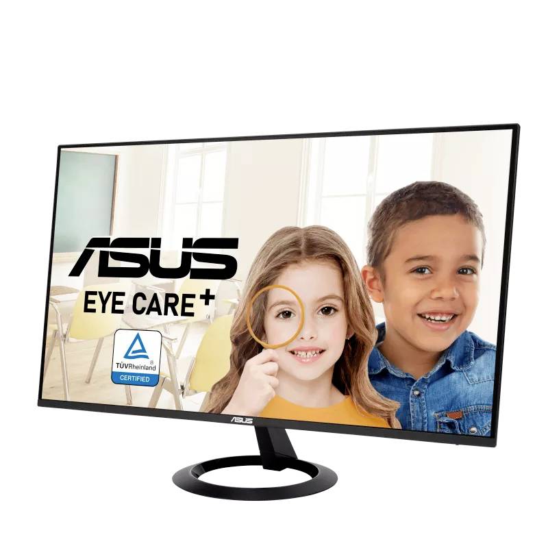 Das Bild zeigt einen Asus-Monitor mit einem TUV Rheinland-Zertifikatssymbol und einem lächelnden Jungen und Mädchen im Hintergrund.
