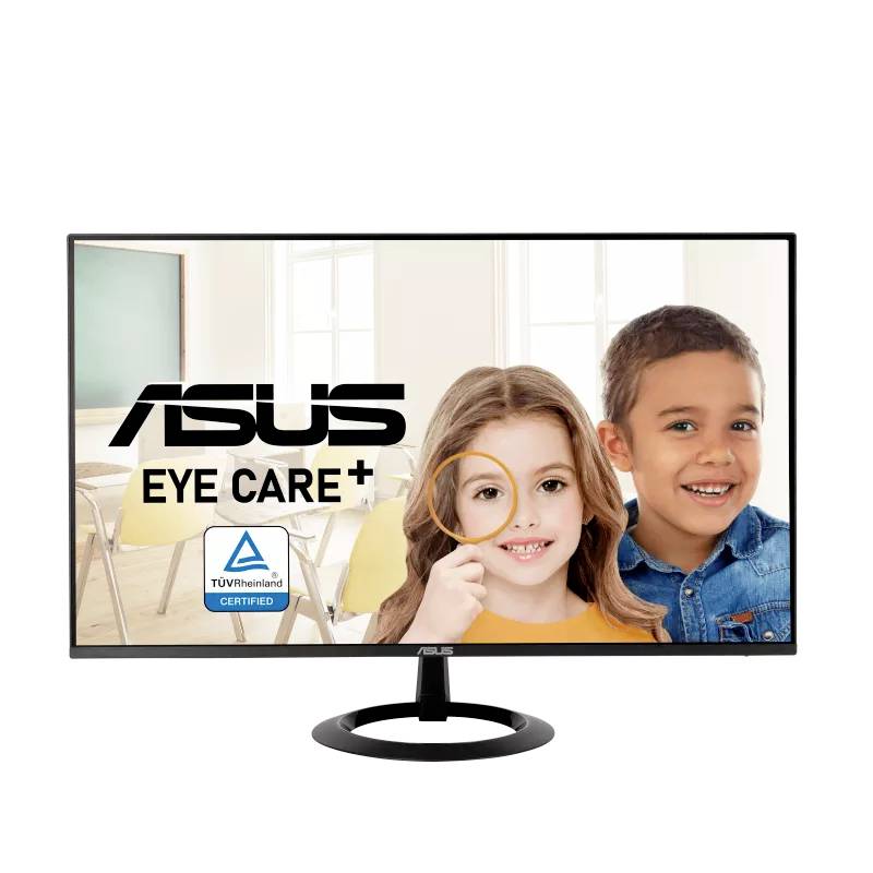 Ein Monitor mit der Aufschrift 'ASUS Eye Care+' und zwei lächelnden Kindern im Hintergrund. TÜV Rheinland-zertifiziert für Augenschutz.