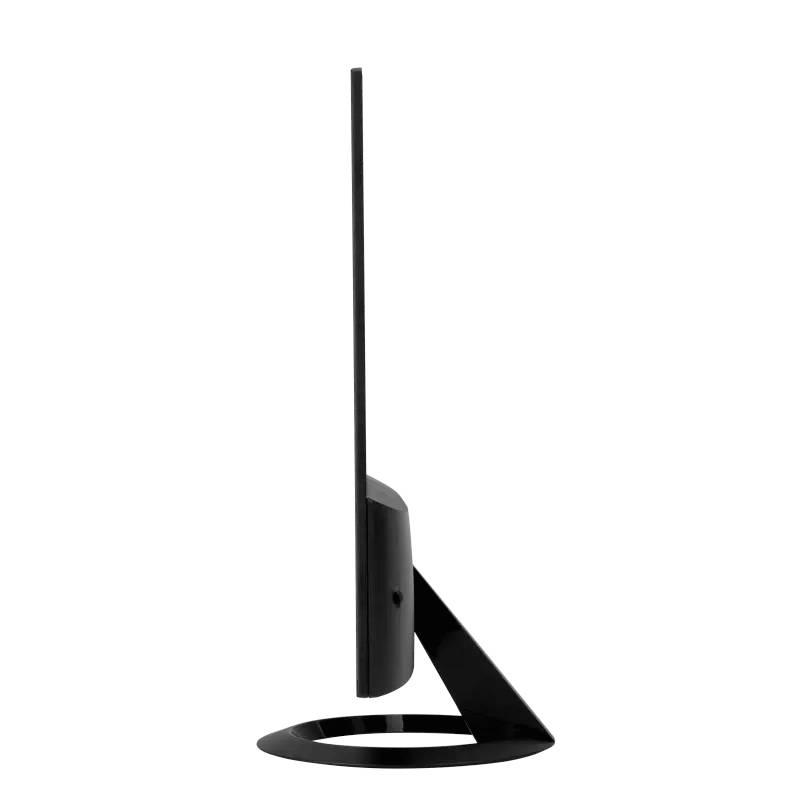 Seitliche Ansicht eines modernen, schlanken Monitors mit einem dünnen Rahmen und stilvollem Standfuß.