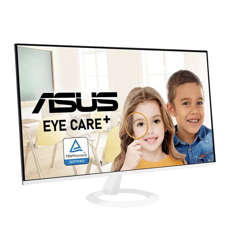 Computermonitor mit einem lächelnden Mädchen und Jungen im Hintergrund. Aufschrift 'ASUS Eye Care+' und TÜV Rheinland-Zertifikat.