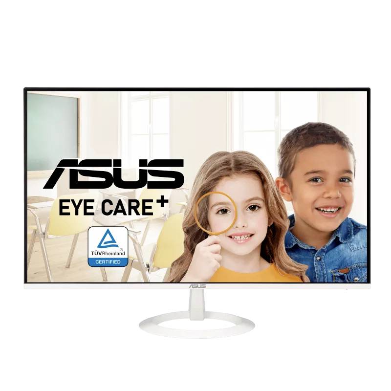 Ein ASUS-Monitor mit der Aufschrift 'Eye Care+'. Zwei lächelnde Kinder sind abgebildet, eines hält eine Lupe. TÜV Rheinland zertifiziert.