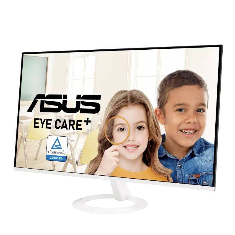 Der ASUS Monitor zeigt zwei lächelnde Kinder im Klassenzimmer. 'Eye Care' und 'TÜV Rheinland Certified' sind auf dem Bildschirm hervorgehoben.