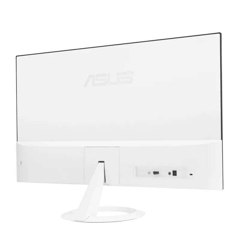 Weiße Rückseite eines Monitors mit ASUS-Logo, zwei Anschlüssen und schlankem Standfuß. Minimalistisches Design.