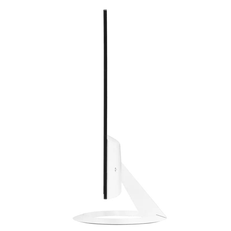 Ein ultradünner, seitlich abgebildeter Computermonitor mit weißem Rahmen und Standfuß vor einem weißen Hintergrund.