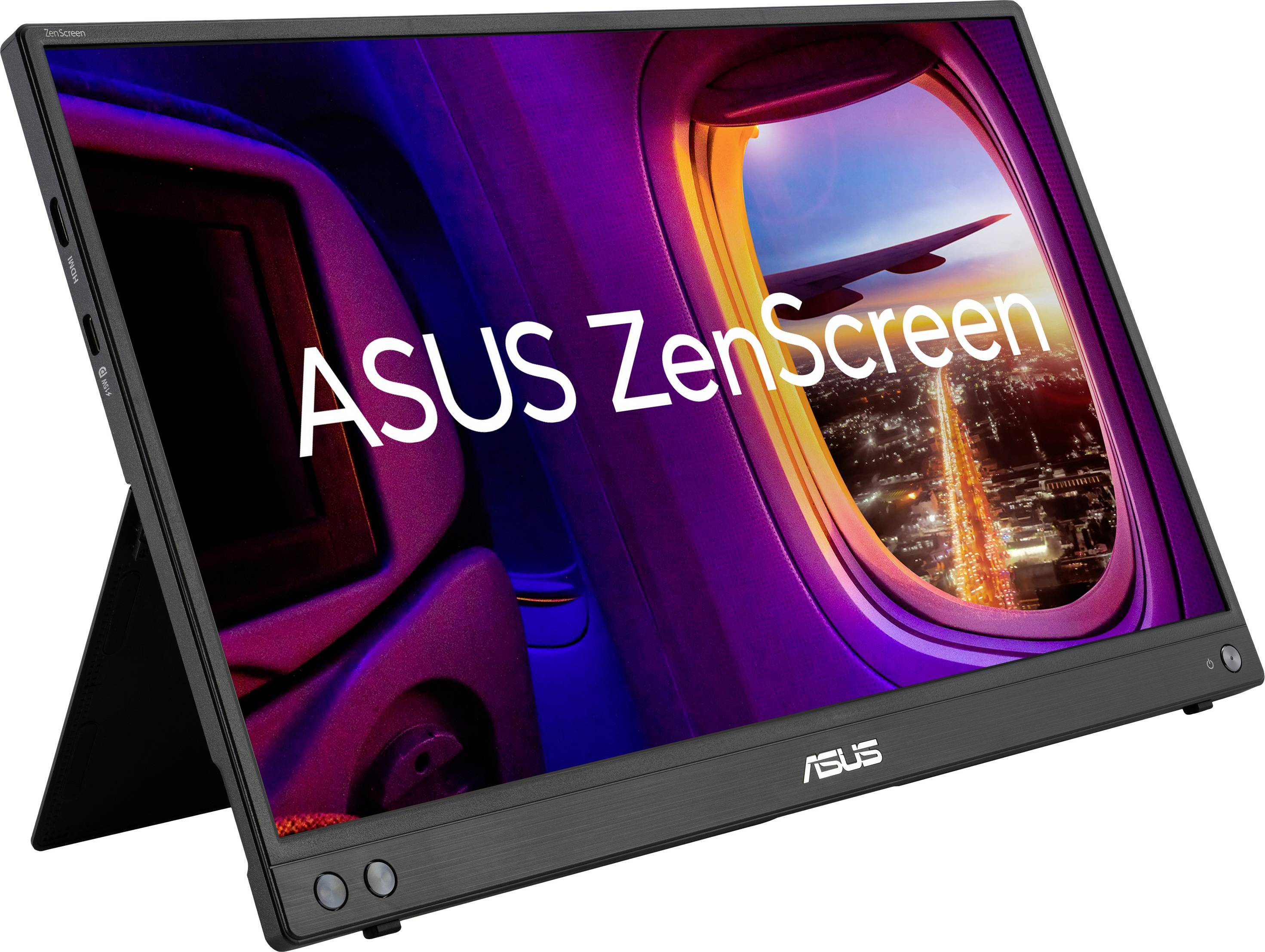 Tragbarer ASUS ZenScreen-Monitor mit eingebautem Ständer, gezeigt vor dem Bild eines Flugzeugfensters mit Blick auf eine beleuchtete Stadt.