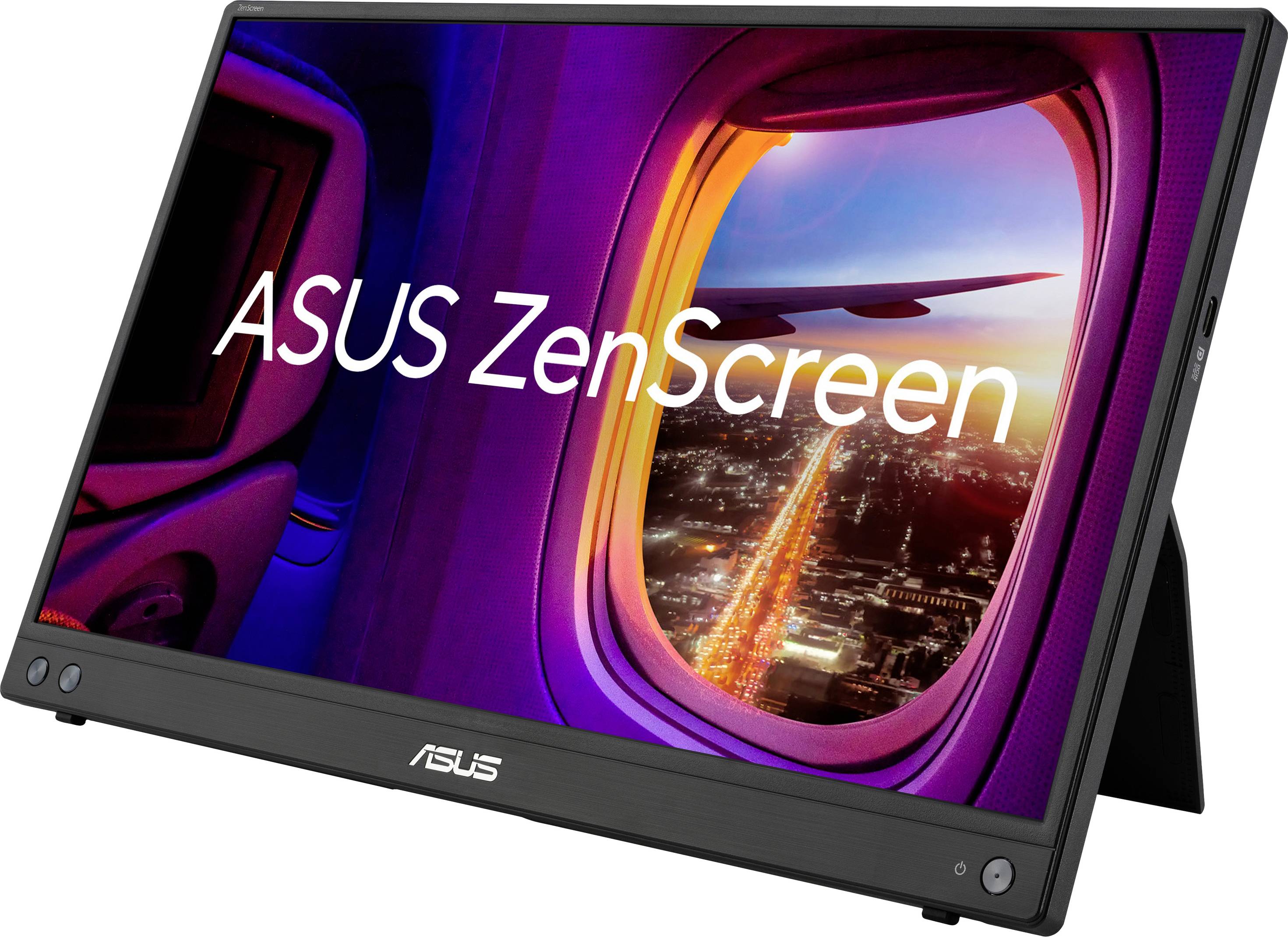 Tragbarer ASUS ZenScreen-Monitor mit einem Bild, das einen Fensterblick aus einem Flugzeug auf eine beleuchtete Stadtlandschaft zeigt.