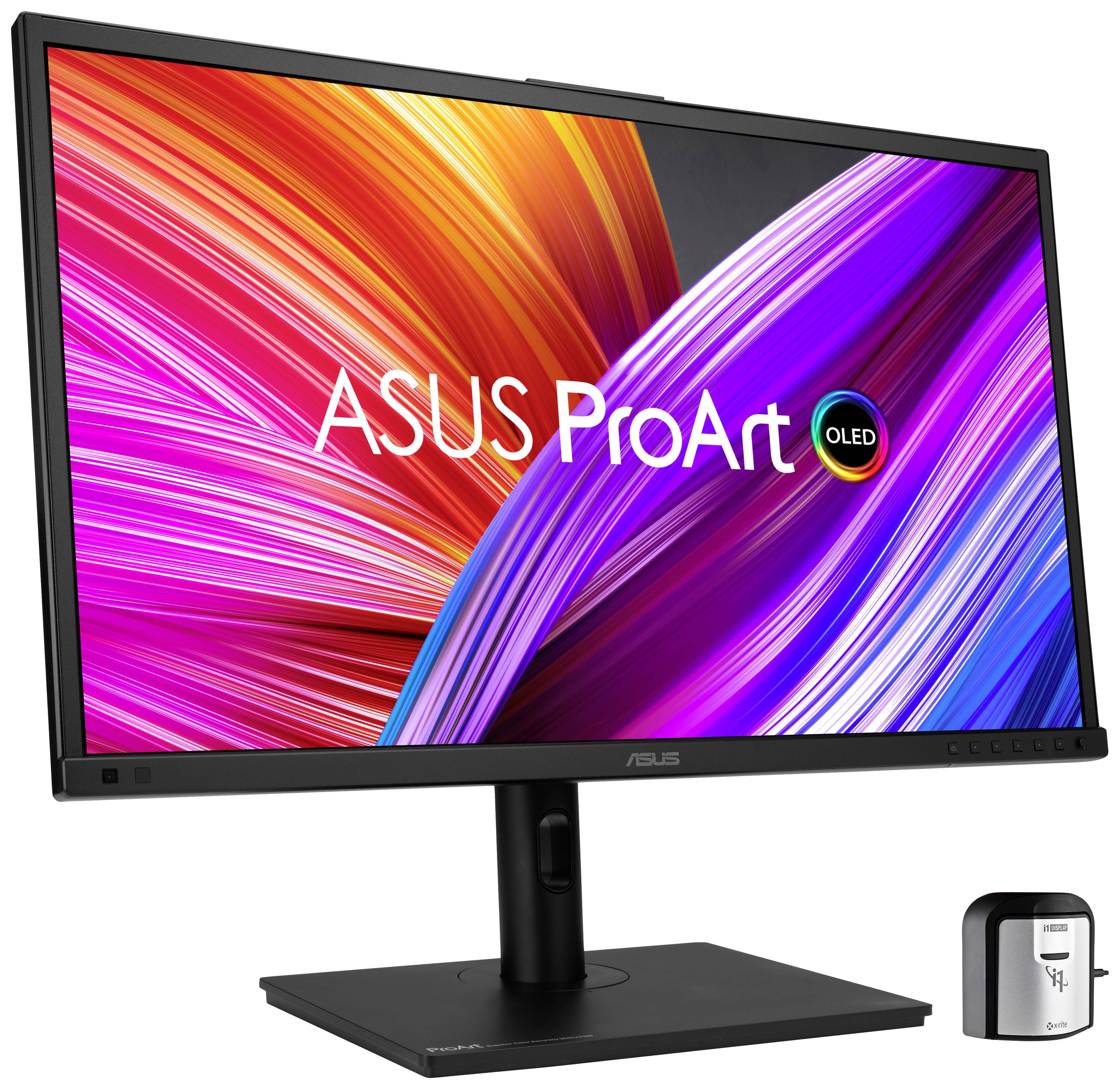 Ein Monitor mit der Aufschrift 'ASUS ProArt OLED', umgeben von bunten, geschwungenen Linien auf dem Bildschirm; kleines Gerät daneben.