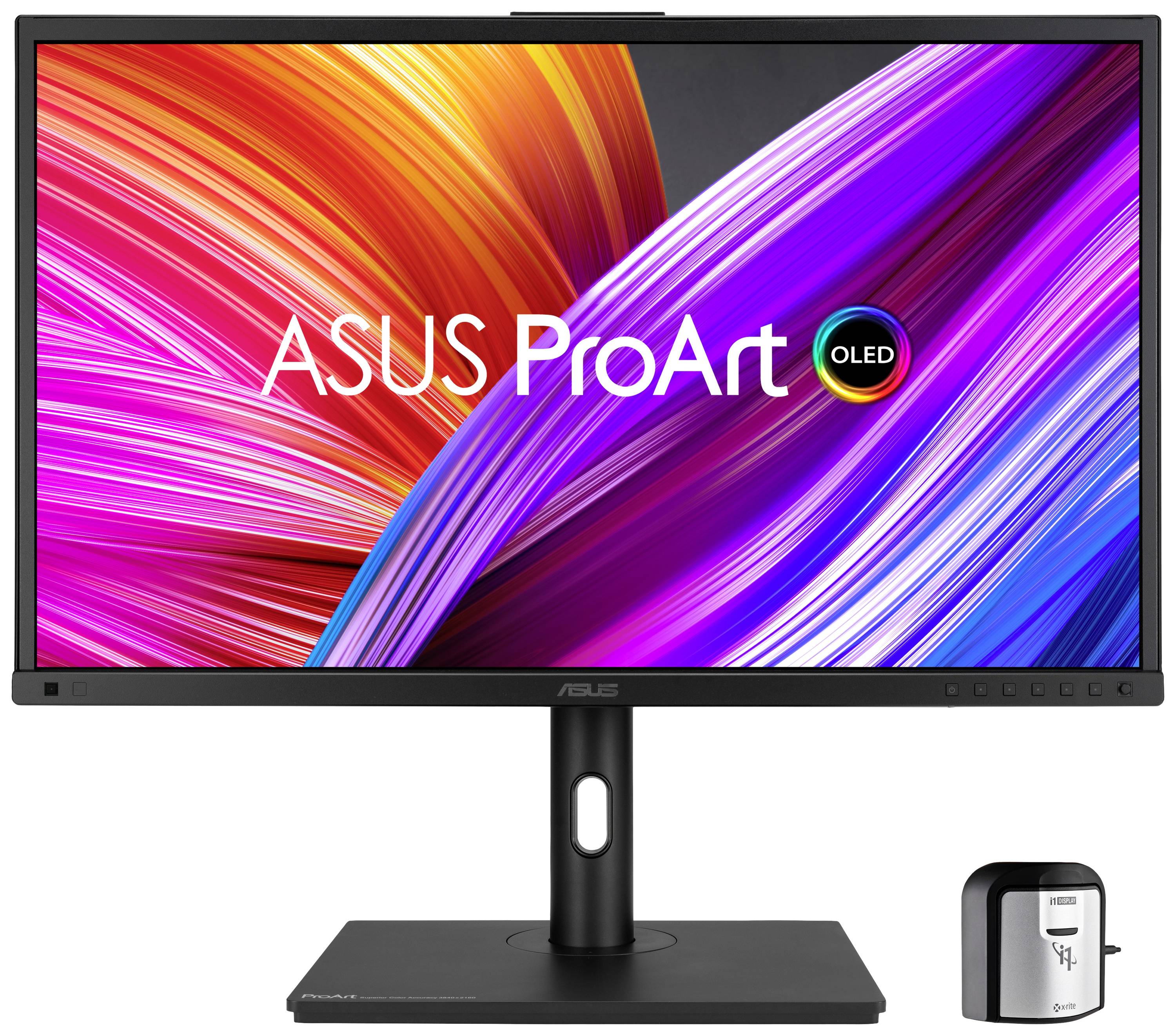 Ein ASUS ProArt OLED-Monitor mit lebendigen Farben auf dem Bildschirm, darunter ein Kalibrierungsgerät vor dem Monitor.