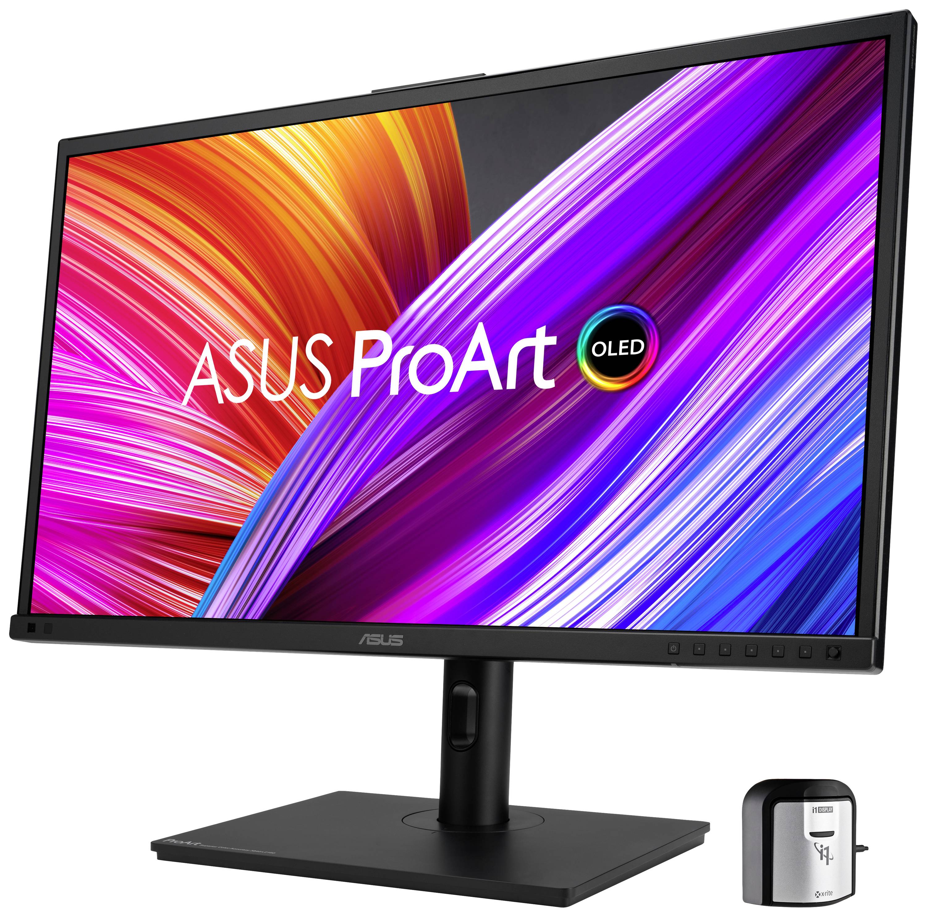 Ein computer monitor mit der Aufschrift 'ASUS ProArt OLED' zeigt bunte, wellenförmige Linien. Ein kleines Gerät steht daneben.