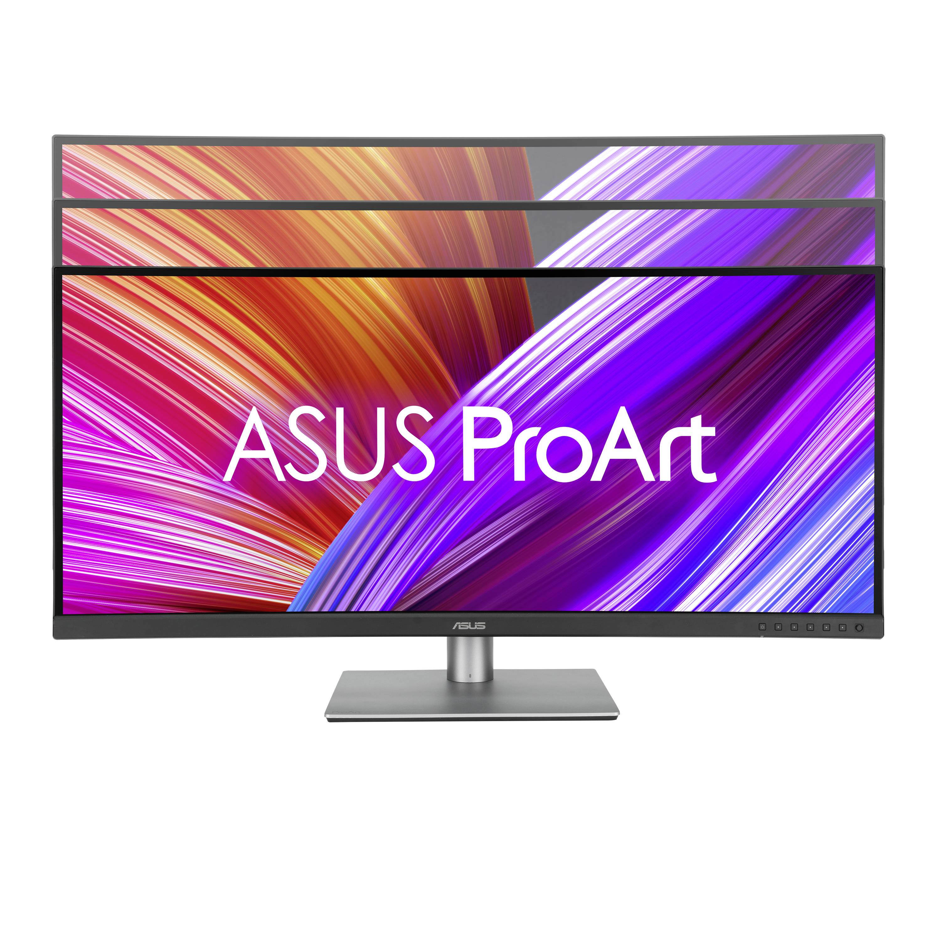 Ein ASUS ProArt Monitor mit leuchtenden rot-pinken Linienmuster auf dem Bildschirm. Ideal für professionelle Bildbearbeitung.