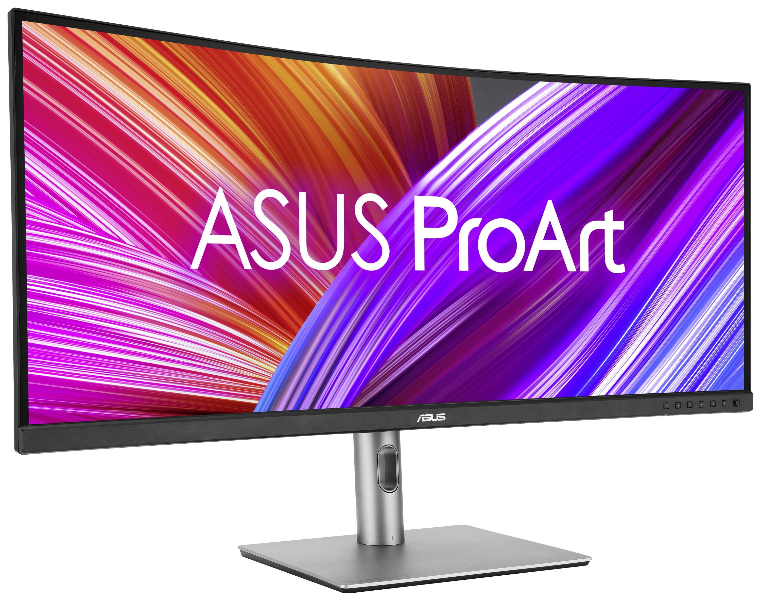 Ein ultrabreiter ASUS ProArt Monitor mit lebhaften, farbigen Mustern auf dem Bildschirm. Entwickelt für kreative Profis.