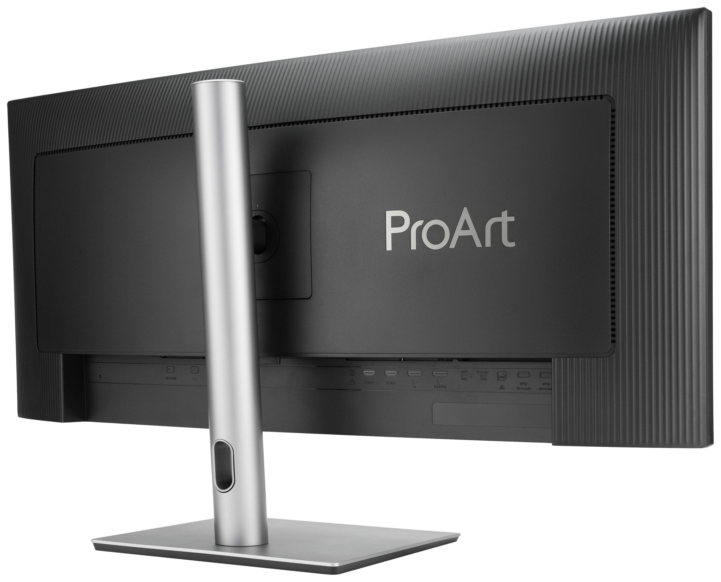 Rückansicht eines Monitors mit der Aufschrift 'ProArt', montiert auf einem silbernen Standfuß.