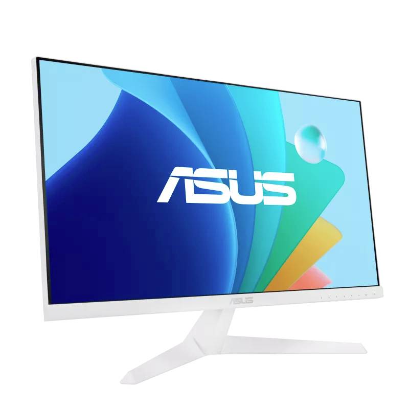 Ein weißer ASUS-Monitor mit schlankem Design zeigt ein farbenfrohes, abstraktes Hintergrundbild auf einem türkisblauen Display.