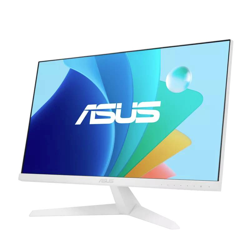 Ein weißer Computerbildschirm der Marke Asus mit modernem Design und buntem Hintergrund.