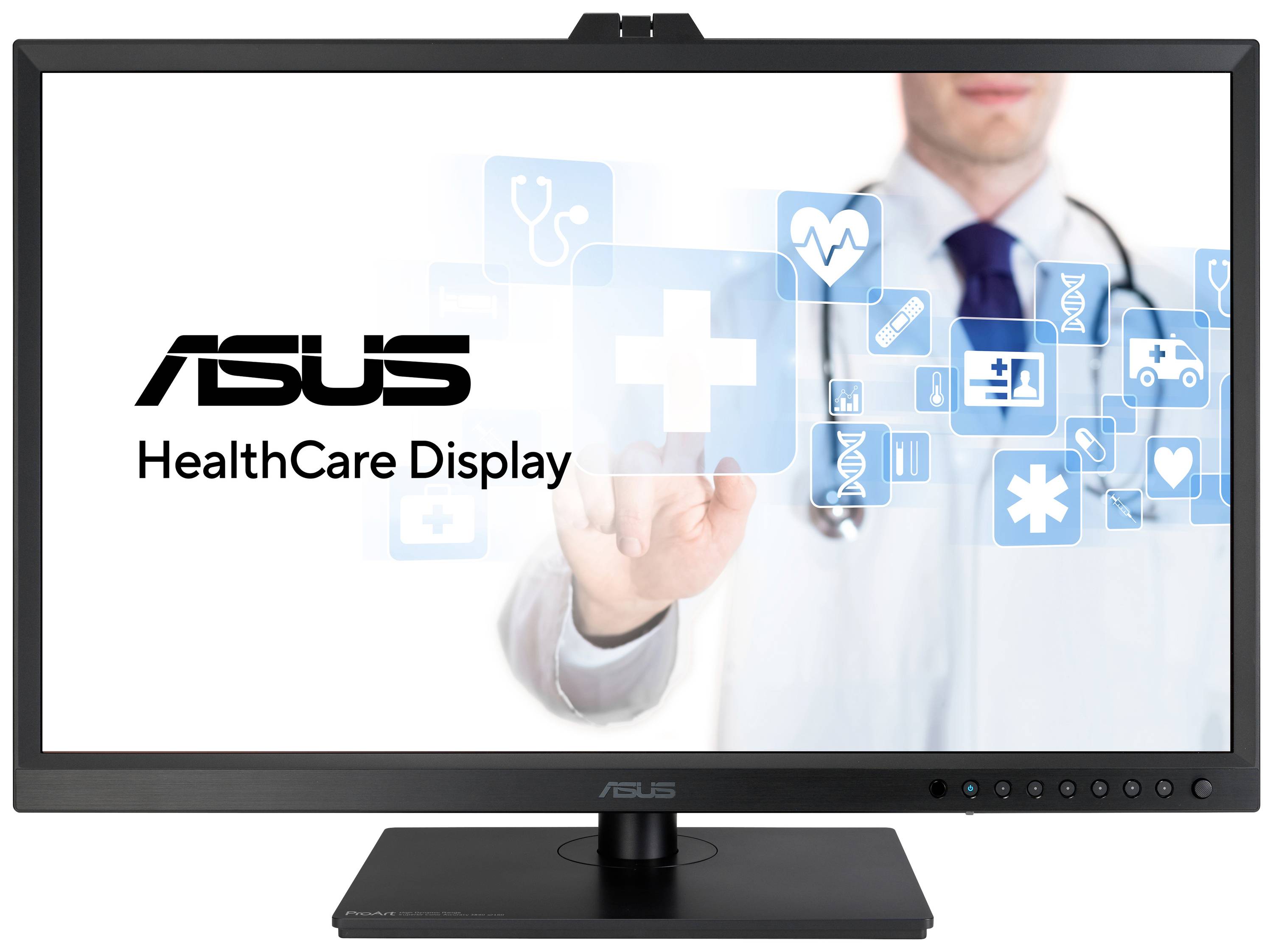 Monitor mit dem Text 'ASUS HealthCare Display', zeigt einen Arzt im Hintergrund mit Gesundheits-Icons, symbolisiert medizinische Technologie.
