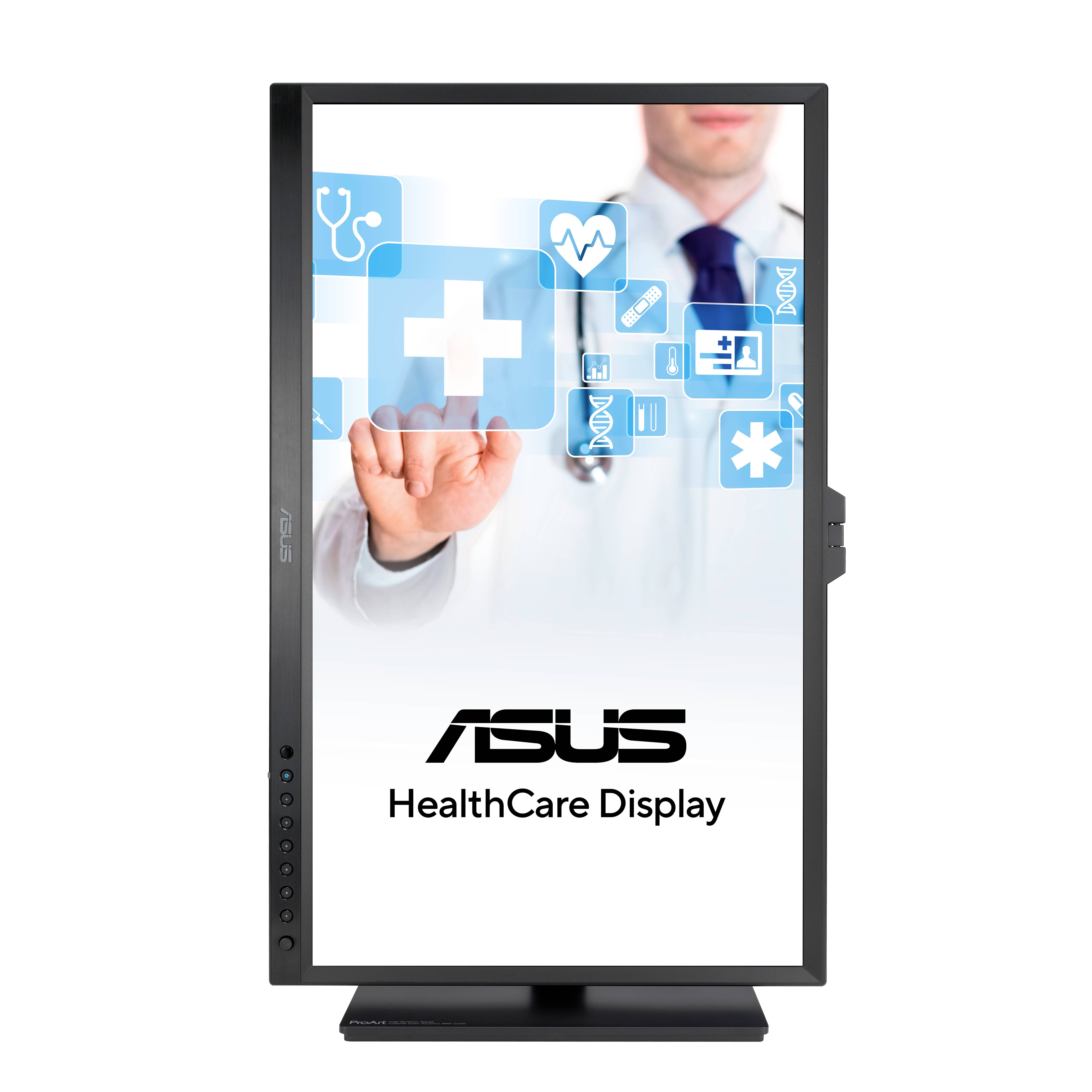 Ein Arzt tippt auf ein virtuelles Interface mit medizinischen Symbolen, dargestellt auf einem ASUS HealthCare Display.