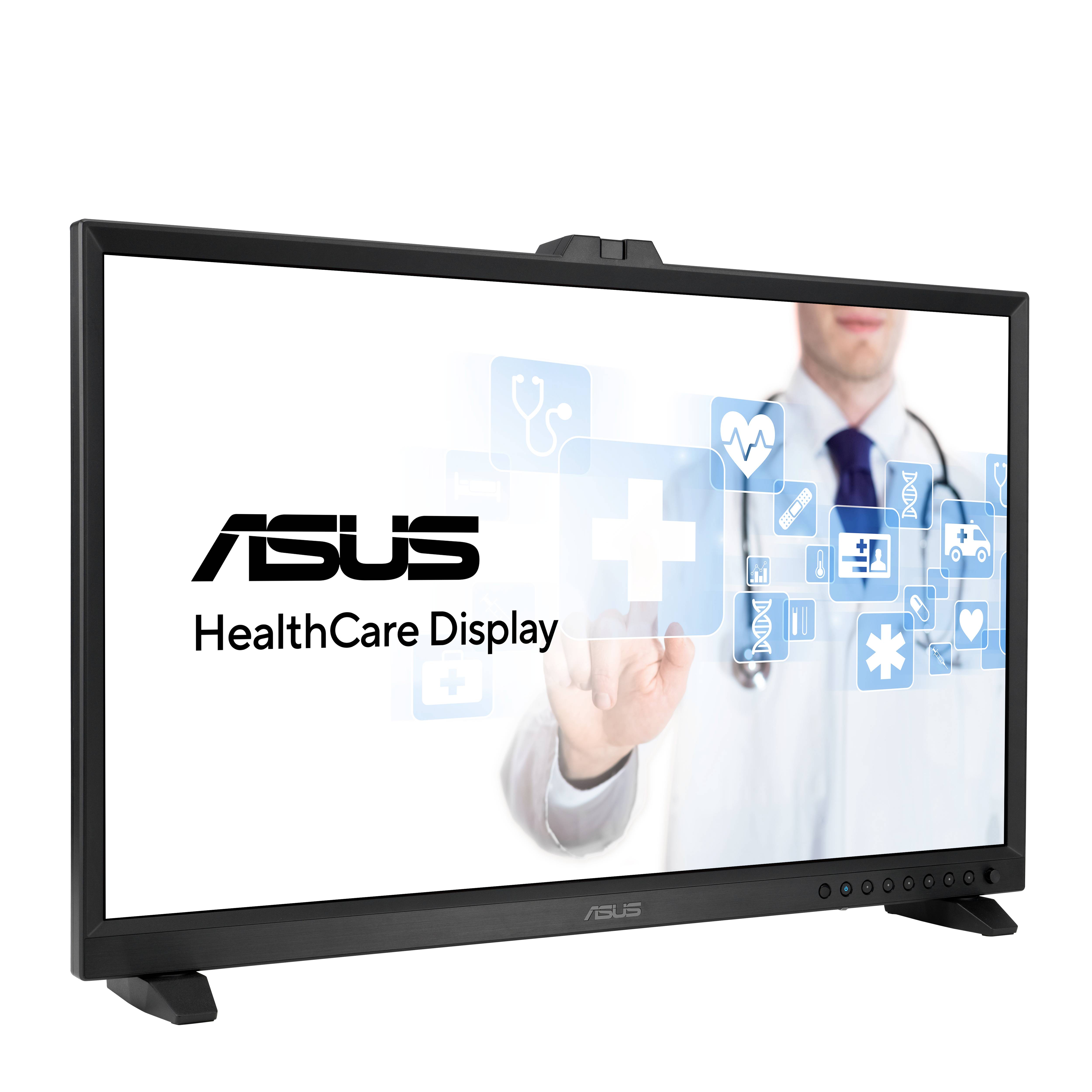 Ein Monitor mit einem medizinischen Thema zeigt ein Bild von Gesundheitssymbolen. Ein Arzt im Hintergrund berührt ein virtuelles Display.