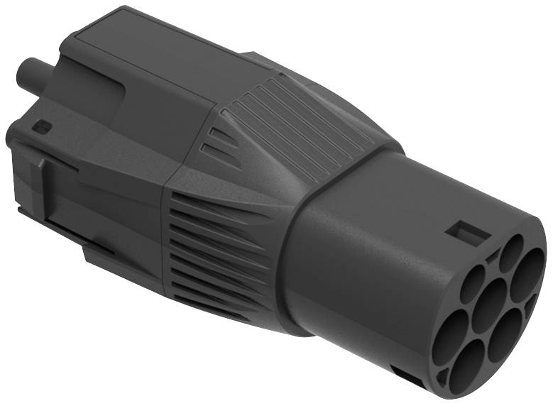 Ein schwarzer, zylindrischer Stecker mit mehreren Einlassöffnungen und gerillten Details. Technisches Design, vermutlich für Kabelverbindungen.