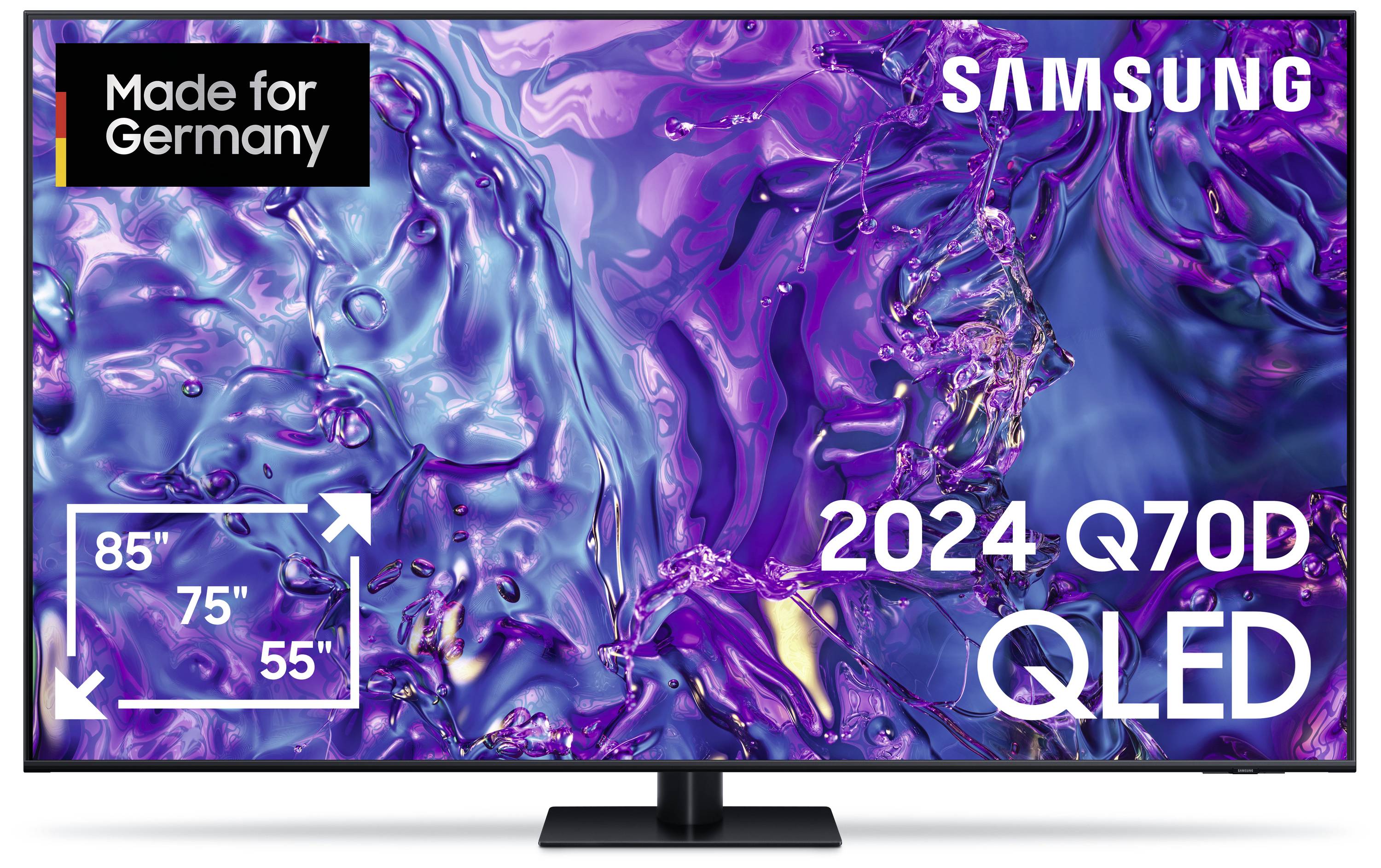55-85 Zoll Samsung Q70D QLED TV 2024, 'Made for Germany' Logo, abstraktes lila-blaues Muster im Hintergrund.