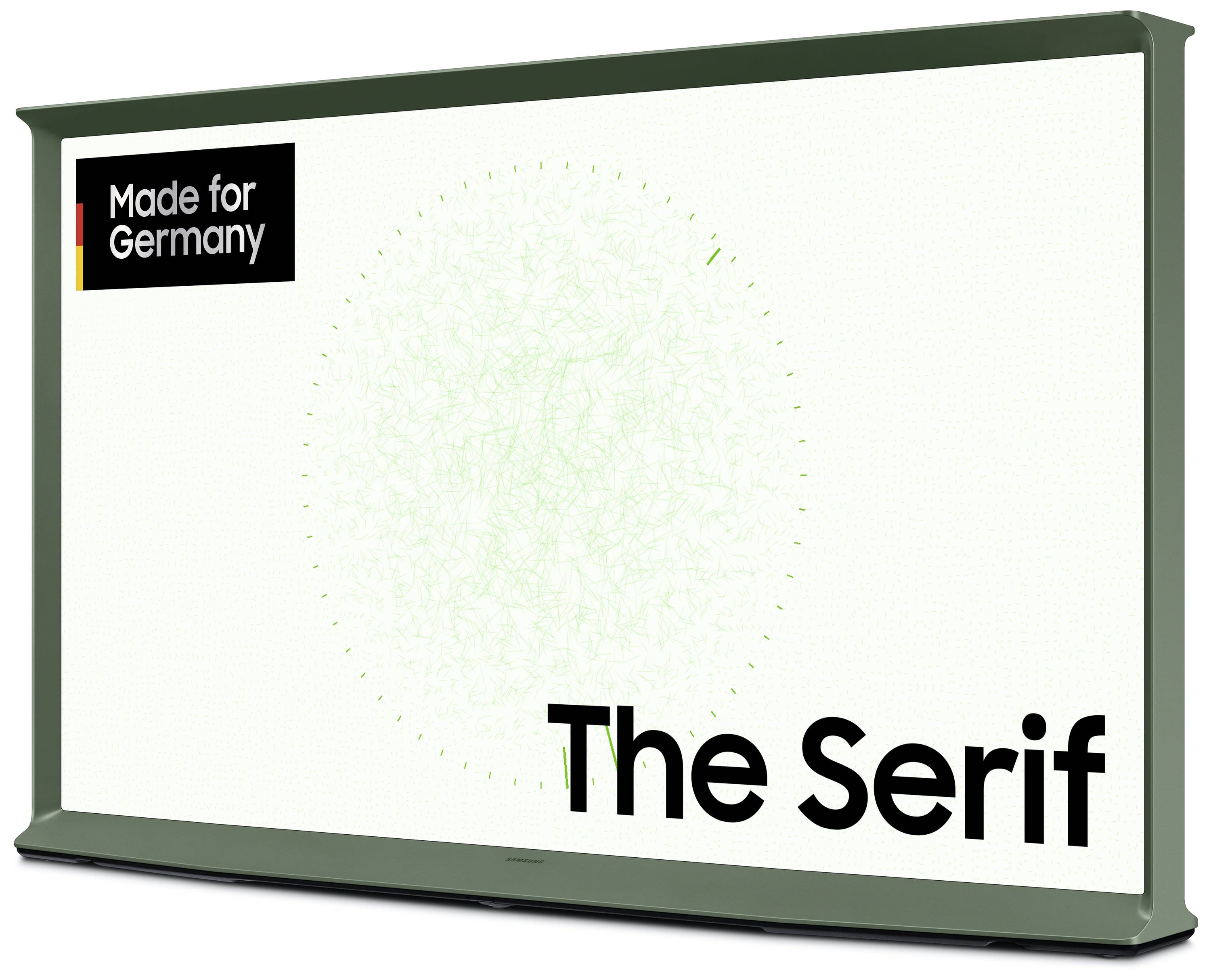 Werbung für 'The Serif'-Fernseher mit dem Slogan 'Made for Germany'. Moderner, minimalistischer Stil auf einem Bildschirm.