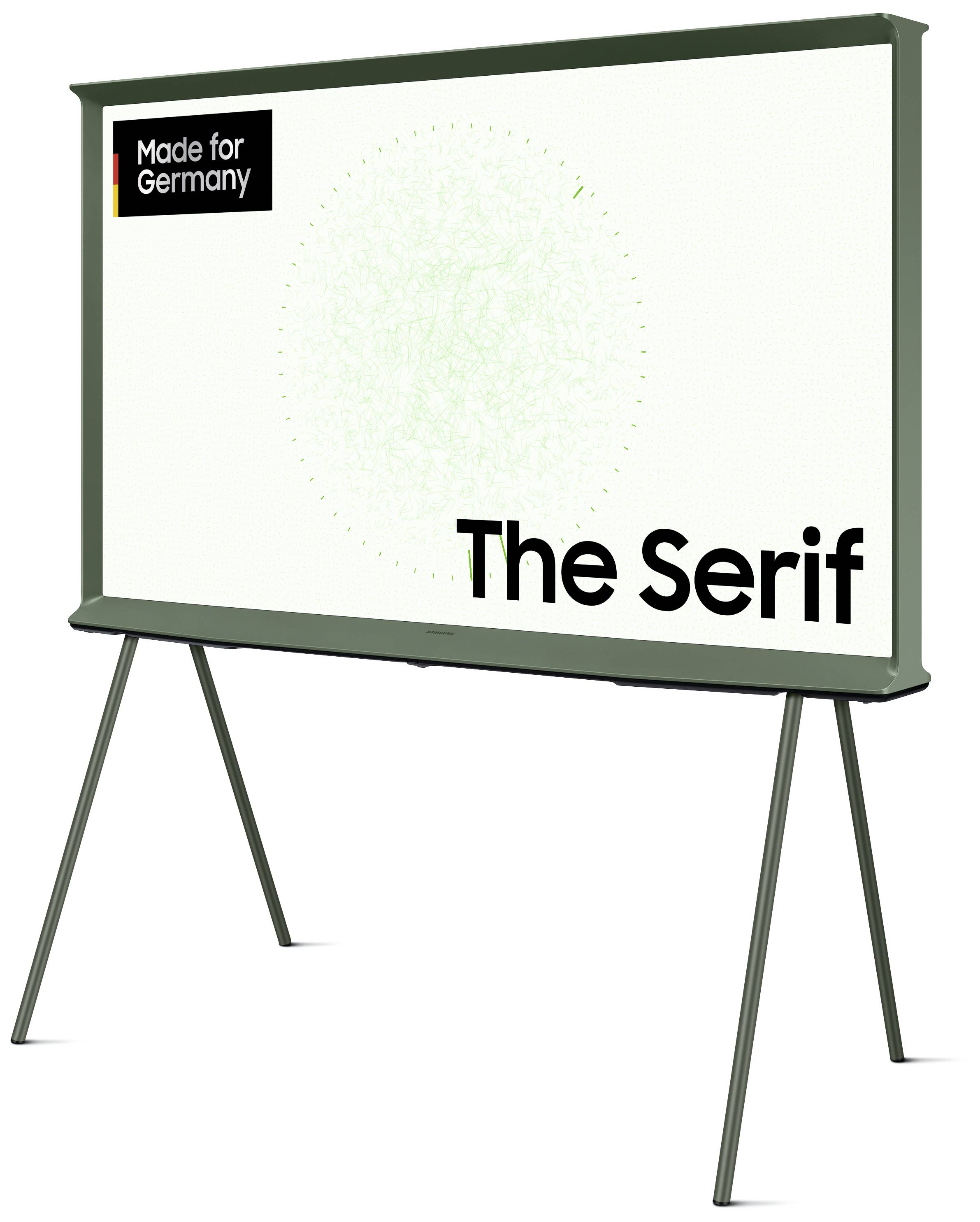 Ein Fernseher auf einem Ständer. Oben links steht 'Made for Germany'. Text 'The Serif' auf dem Bildschirm.