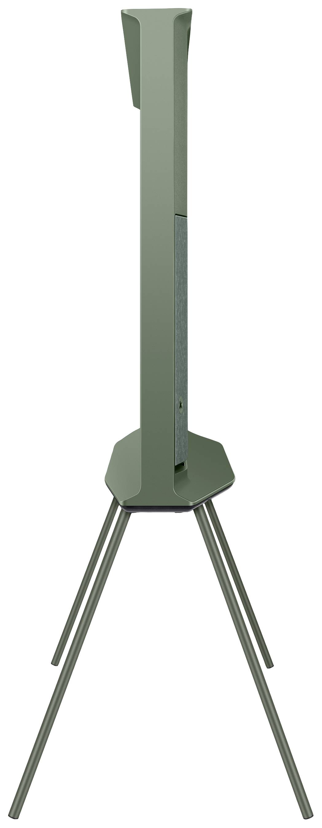 Metallischer grüner Ständer mit schlankem, vertikalem Design auf vier Beinen. Geeignet zur Unterstützung von Geräten oder Ausstellungen.