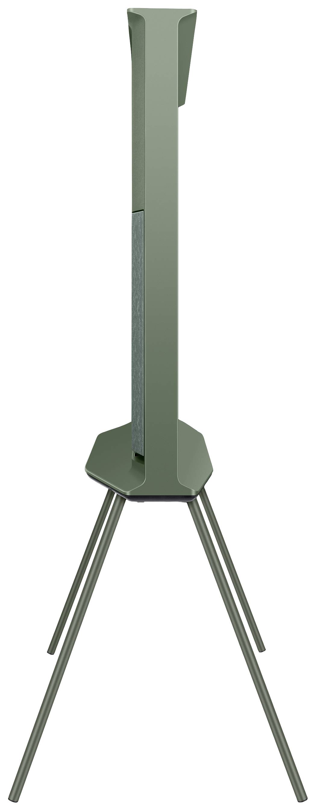 Ein grünfarbiger Lautsprecher steht auf einem dreibeinigen Stativ. Das Design ist modern und minimalistisch.