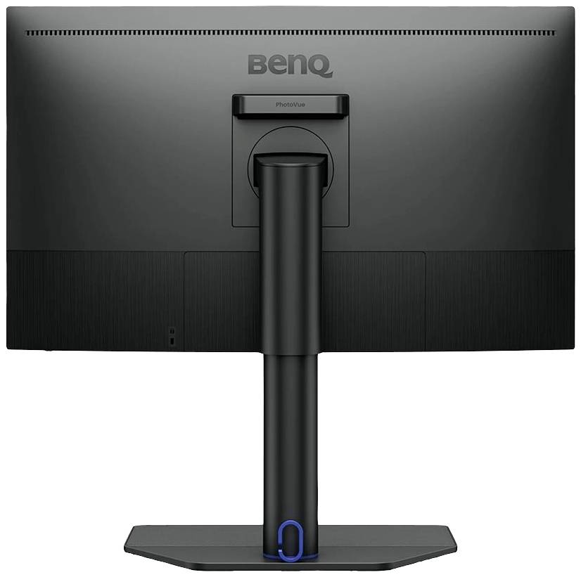 Ein schwarzer Computerbildschirm der Marke BenQ mit einem stabilen Standfuß, Ansicht von hinten.