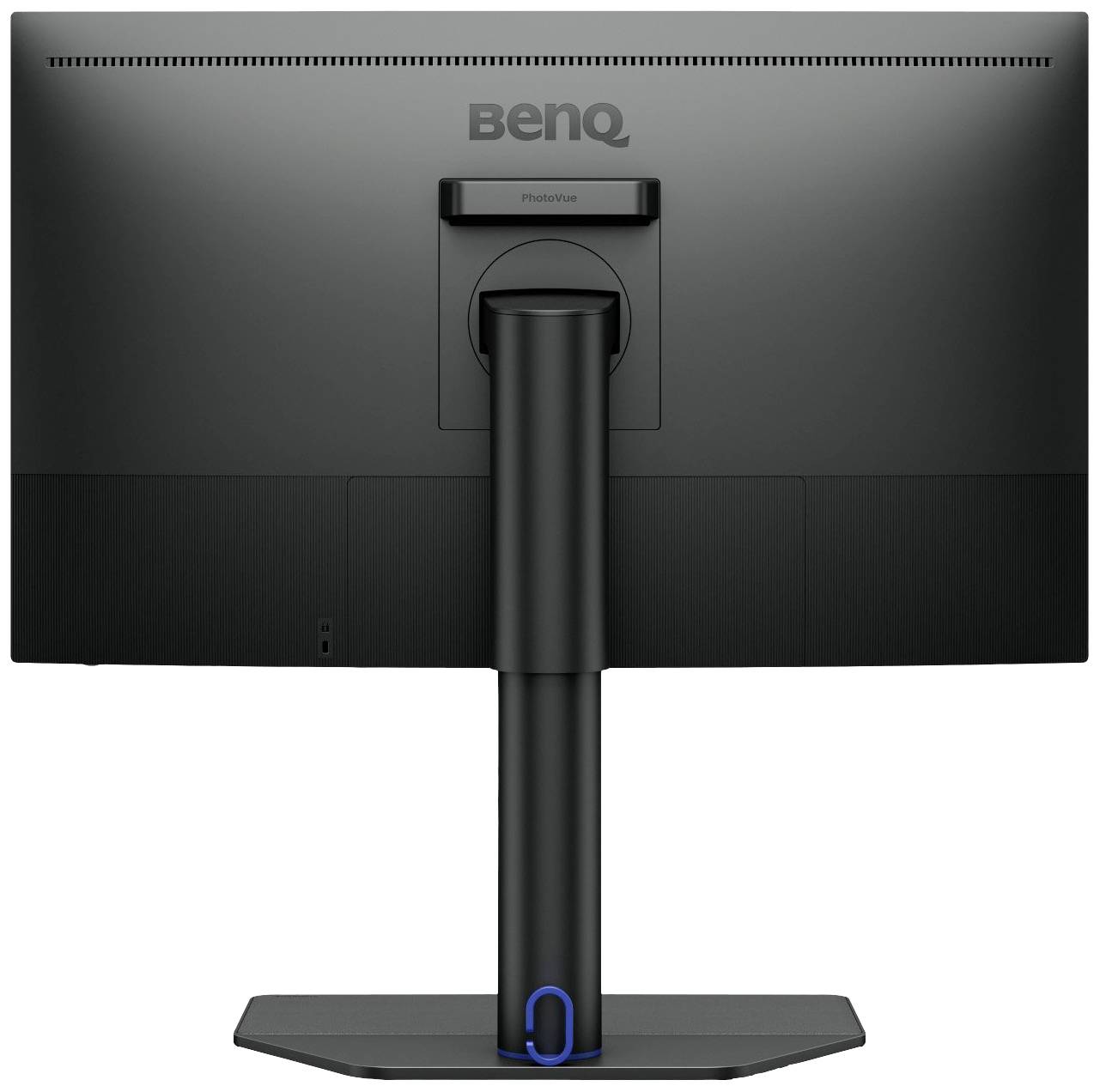 Rückansicht eines modernen schwarzen Monitors auf einem verstellbaren Standfuß. Oben steht 'BenQ'.