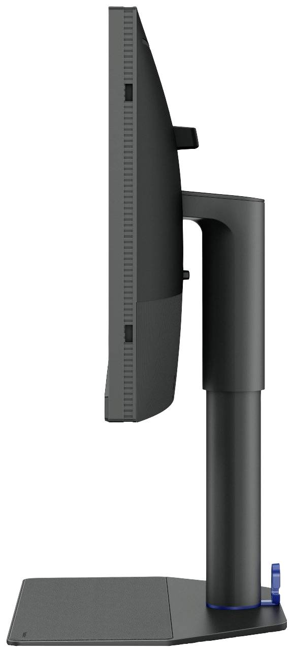 Seitenansicht eines schlanken, schwarzen Monitors auf einem verstellbaren Ständer. Der Bildschirm ist flach mit minimalem Rahmen.