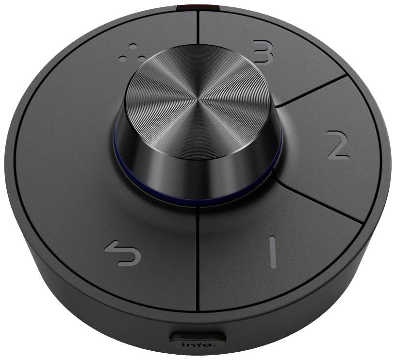 Ein schwarzer, runder Drehregler mit vier nummerierten Tasten (1 bis 3) und einem zentralen Steuerknopf für die Bedienung eines Geräts.