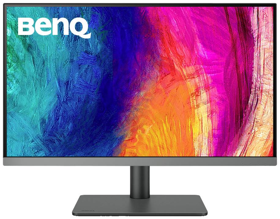 Ein Monitor von BenQ zeigt ein farbenfrohes, abstraktes Design in Blau, Grün, Rot und Gelb auf dem Bildschirm.