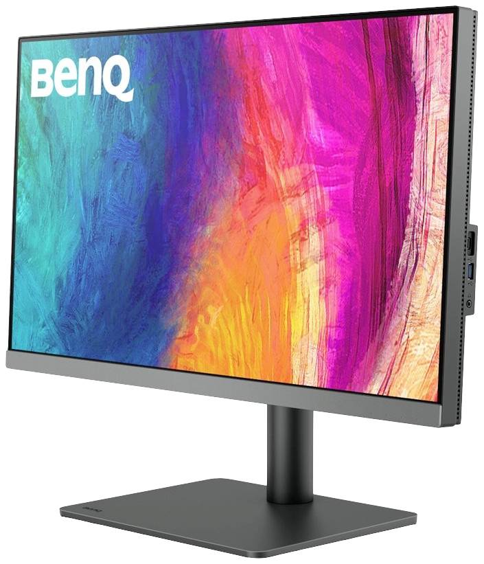 Ein Computerbildschirm von BenQ mit leuchtendem, abstraktem Farbdesign auf dem Display. Der Monitor steht auf einem schwarzen Ständer.