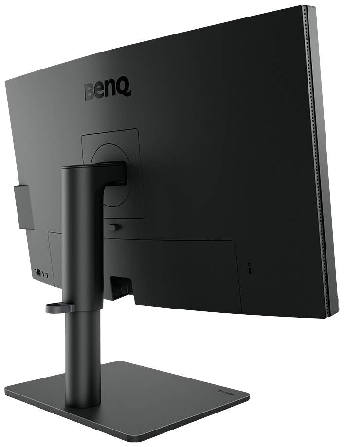 Ein schwarzer BenQ Computermonitor von hinten, zeigt den verstellbaren Ständer.