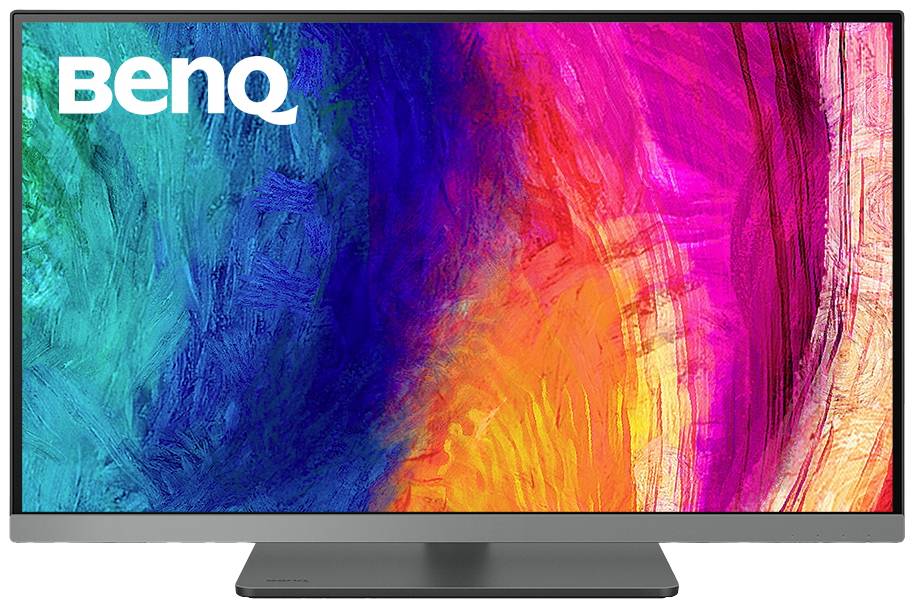 BenQ Monitor zeigt ein farbenfrohes, abstraktes Muster mit blau-grünen und rosa-orangen Bereichen.