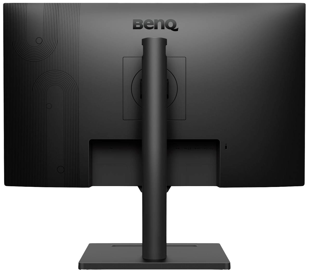 Rückansicht eines BenQ Monitors mit einem schwarzen, höhenverstellbaren Standfuß. Das Design ist schlicht und modern.