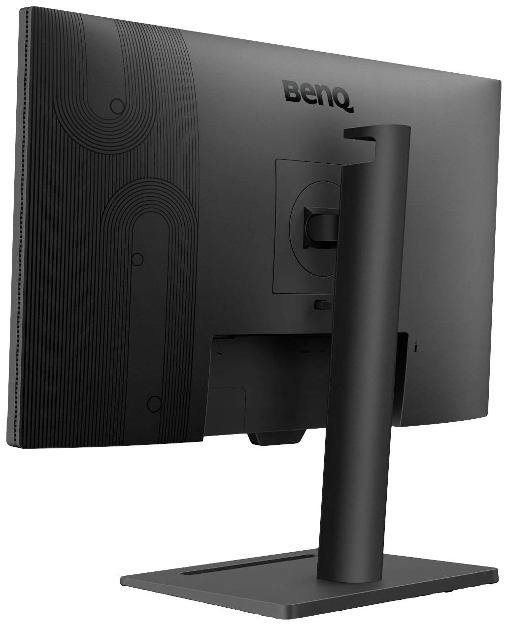 Rückansicht eines schwarzen Computermonitors auf einem Ständer, mit sichtbaren Kabelanschlüssen und Musterdetails auf der Rückseite.